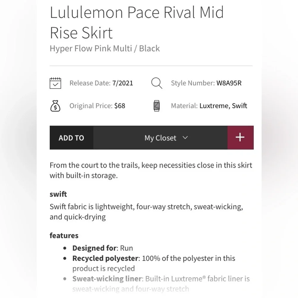 Lululemon Pace Rival Skirt II 4-way Stretch Sugar Crush Multi Black Sporty Skort